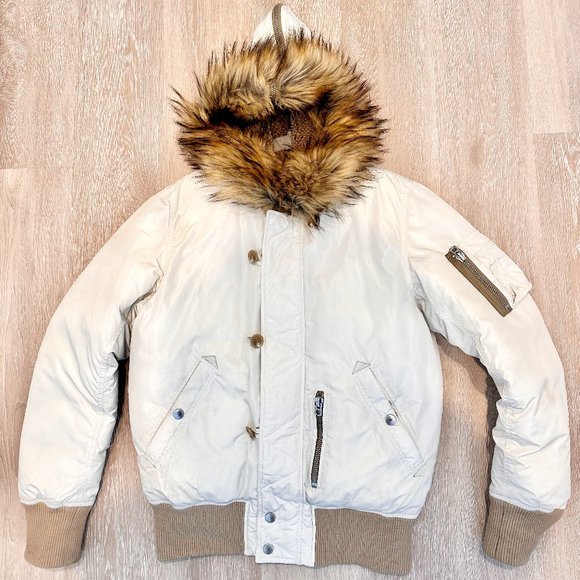 Diesel White Puffer Jacket with Faux Fur Trim Hoodie (Size: L) - Picture 1 of 3